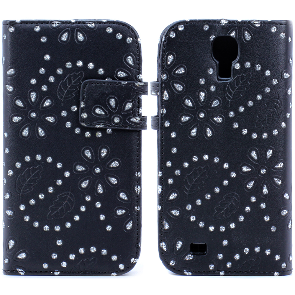 Samsung Galaxy S4 Diamond LEATHER WALLET Case with Stand (Black)